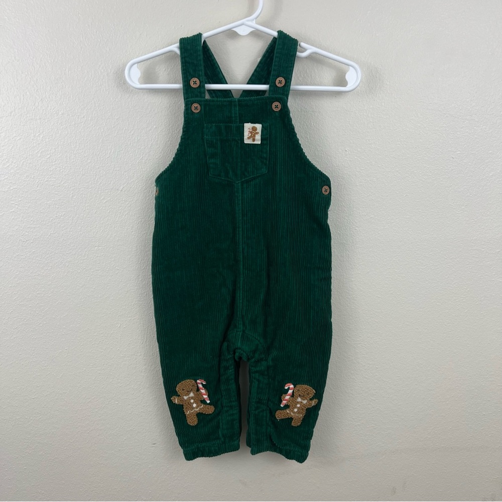 M&S Green Corduroy Kids Overalls Dungarees with Gingerbread Men Patches US 12M